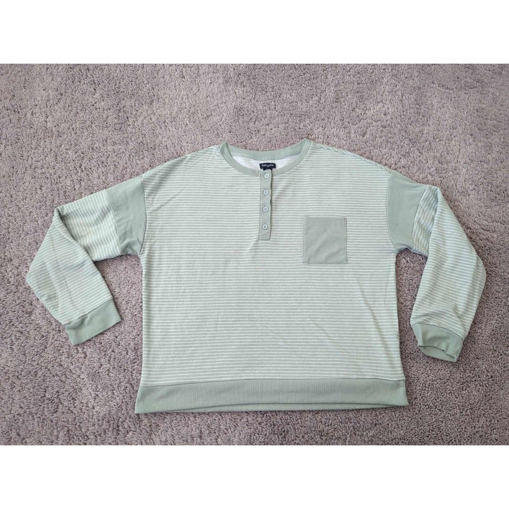 Splendid Pullover Womens L Green Striped Henley Long Sleeve Sweatshirt‎ Lounge